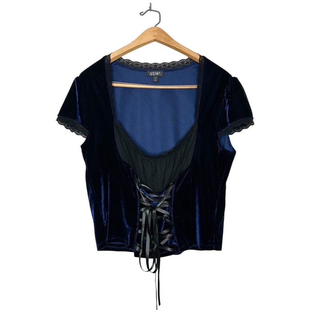 Dolls Kill Widow Lace Up Blue Velvet Goth Alt Cropped Corset Top Plus Size 2X